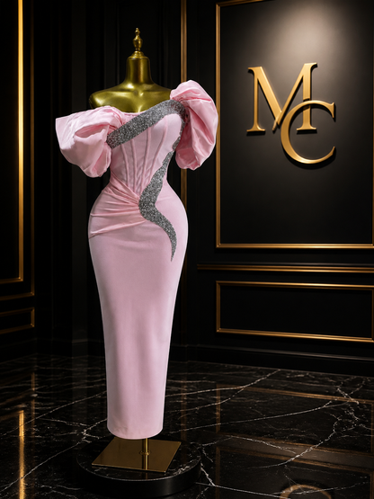 MC THE BLACK DIAMOND pink off-shoulder satin bandage evening dress with patchwork design, elegant and stylish for formal occasions.