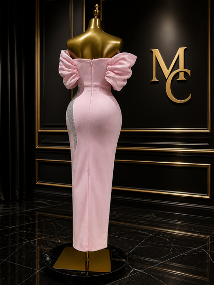 MC THE BLACK DIAMOND pink off-shoulder satin bandage evening dress with patchwork design, elegant and stylish for special occasions.