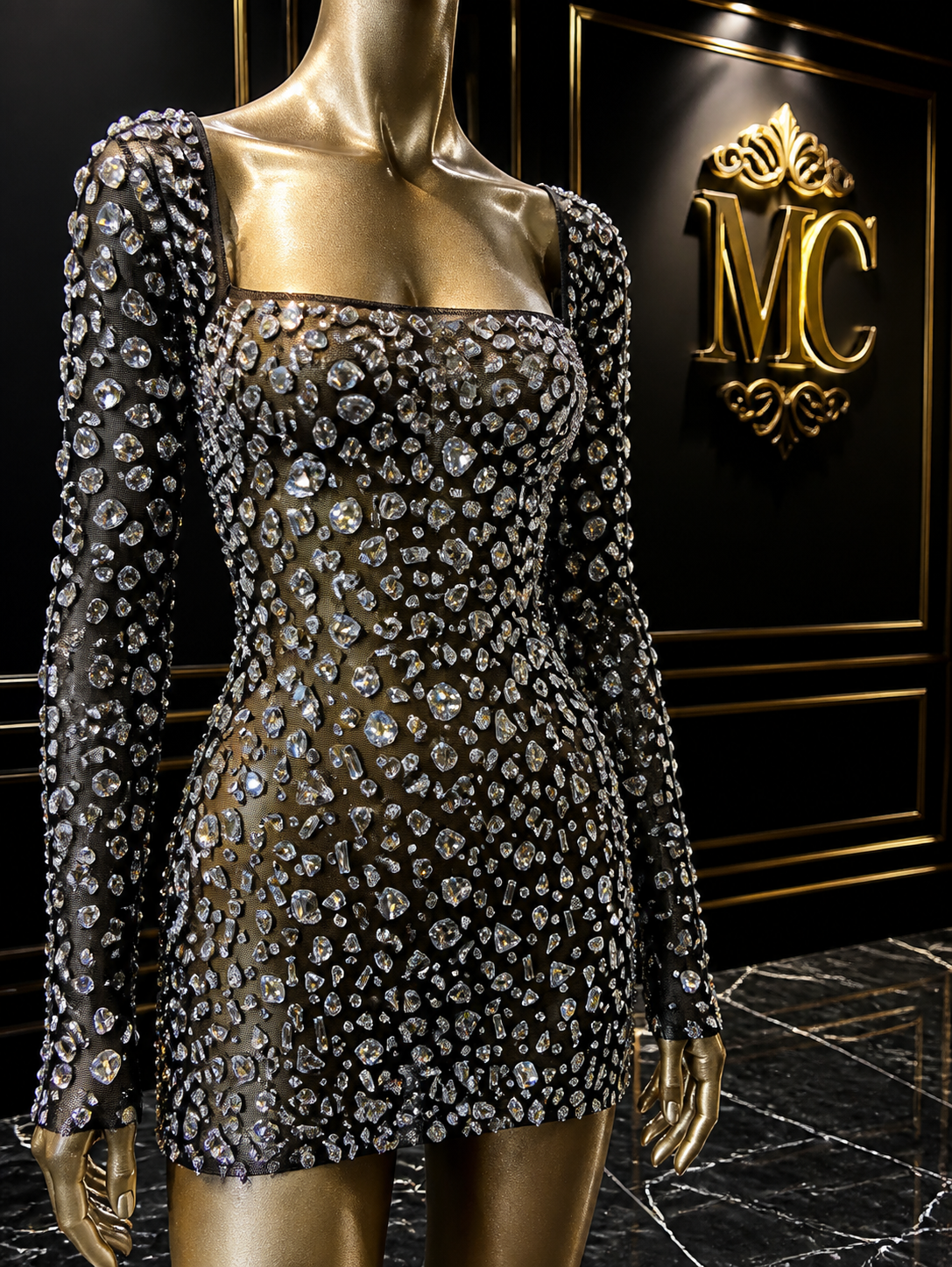MC THE BLACK DIAMOND sparkling diamond short party dress with elegant design, perfect for special occasions and evening events.
