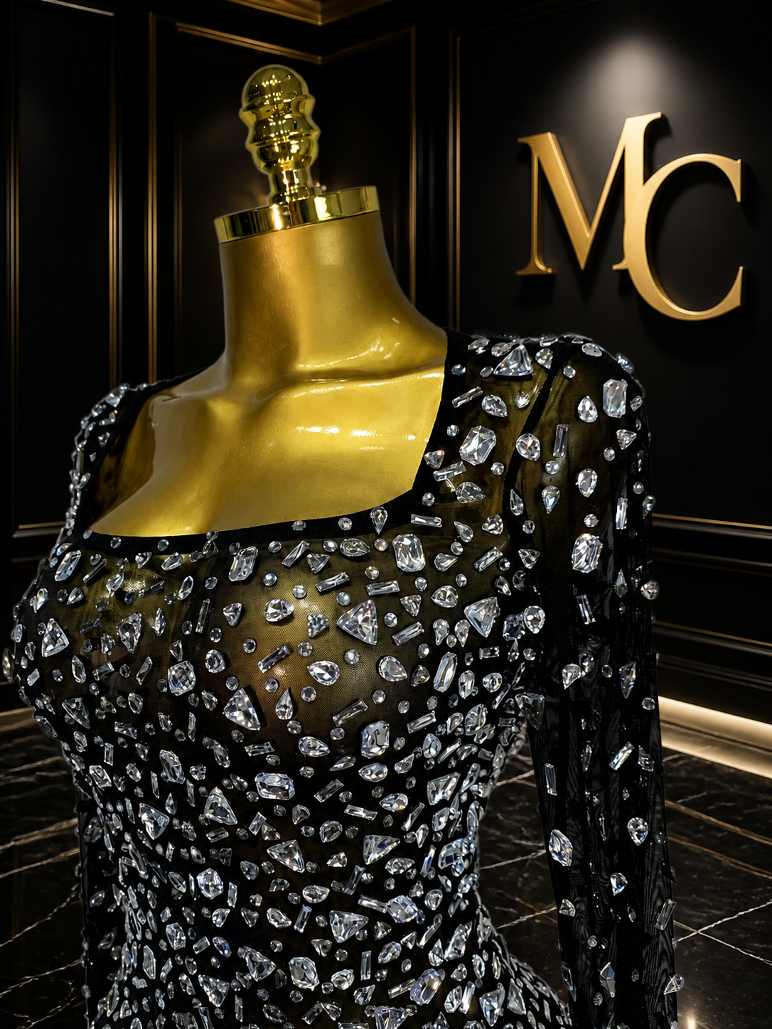 MC THE BLACK DIAMOND sparkling diamond elegant short party dress with a fitted silhouette and stylish design.