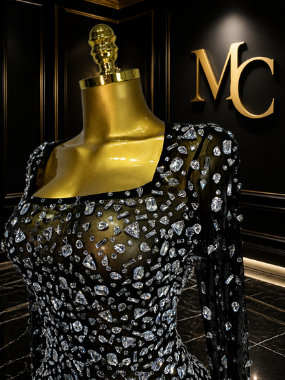 MC THE BLACK DIAMOND sparkling diamond elegant short party dress with a fitted silhouette and stylish design.