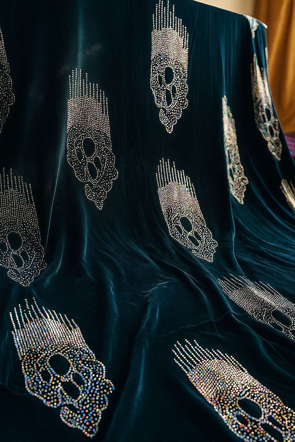 Luxurious midnight sapphire velvet fabric from MC THE BLACK DIAMOND, showcasing smooth, rich texture and deep blue color.