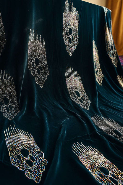 Luxurious midnight sapphire velvet fabric from MC THE BLACK DIAMOND, showcasing smooth, rich texture and deep blue color.