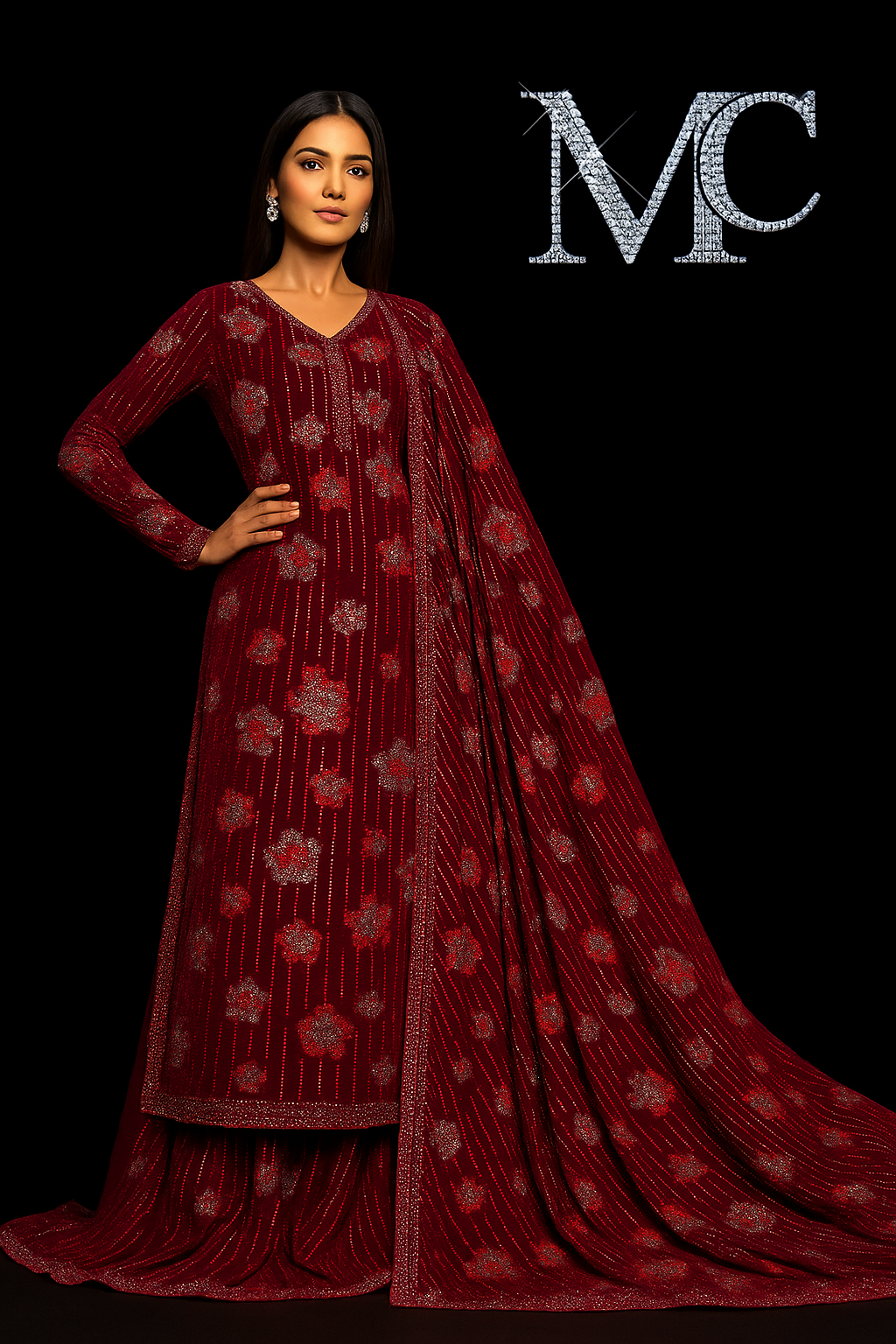 Red velvet floral suit made from Stretch Velvet fabric, featuring intricate floral patterns and elegant design.