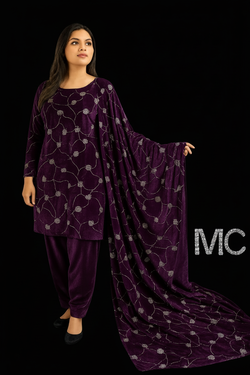 Purple velvet floral fabric for women's suits by MC THE BLACK DIAMOND, featuring a stylish Punjabi-inspired design.