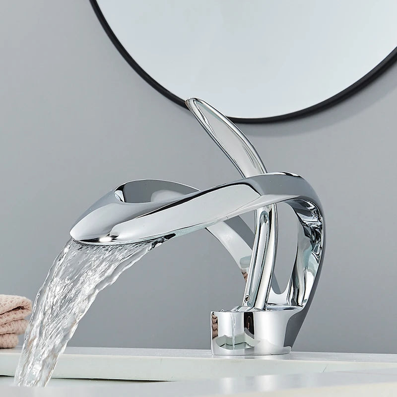 Solid brass waterfall basin faucet with single handle for hot and cold water, designed for bathroom sinks by MC THE BLACK DIAMOND