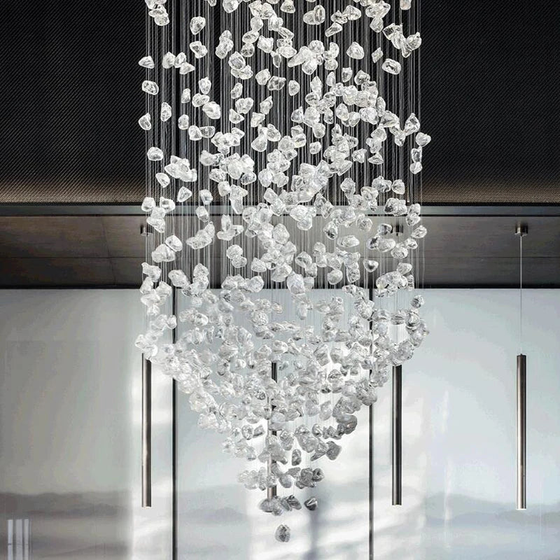 Large modern stone crystal LED chandelier by MC THE BLACK DIAMOND, featuring luxurious design for staircase and living room lighting.