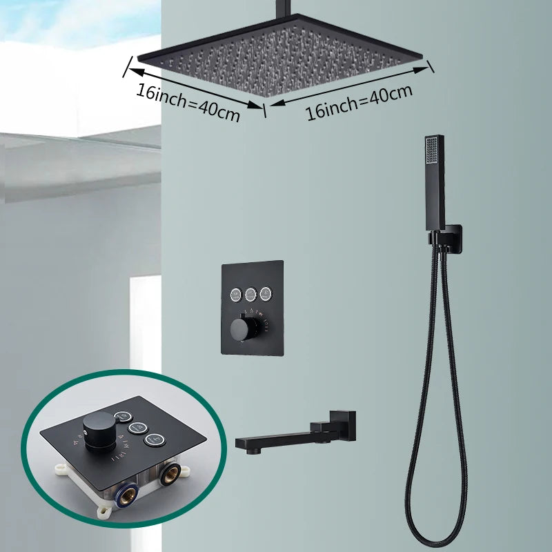 Matte black Rozin thermostatic shower faucet with concealed install, ceiling rainfall shower head, and bath mixer tap by 𝕄𝕔 𝕋𝕙𝕖 𝔹𝕝𝕒𝕔𝕜 𝔻