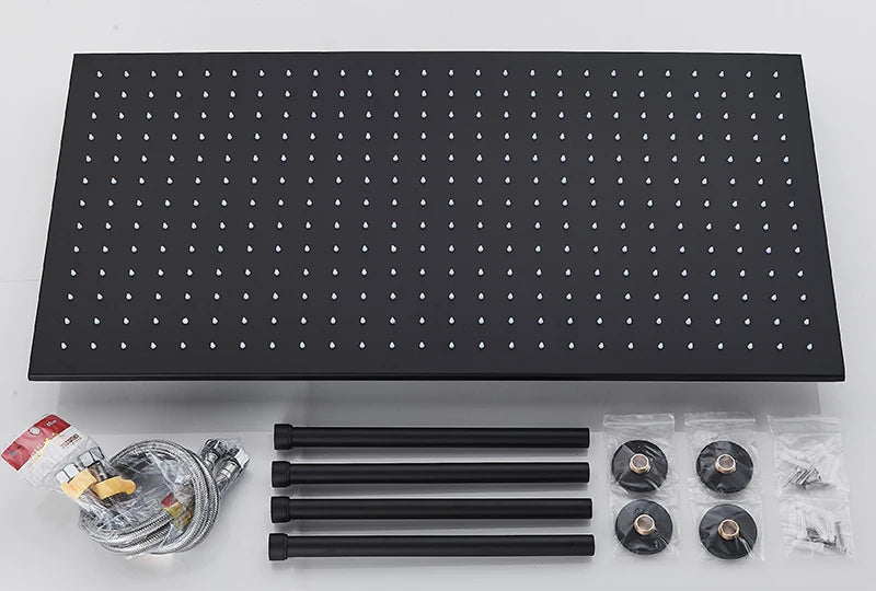 Rozin matte black thermostatic shower faucet with concealed installation, ceiling rainfall shower head, and bath mixer tap.