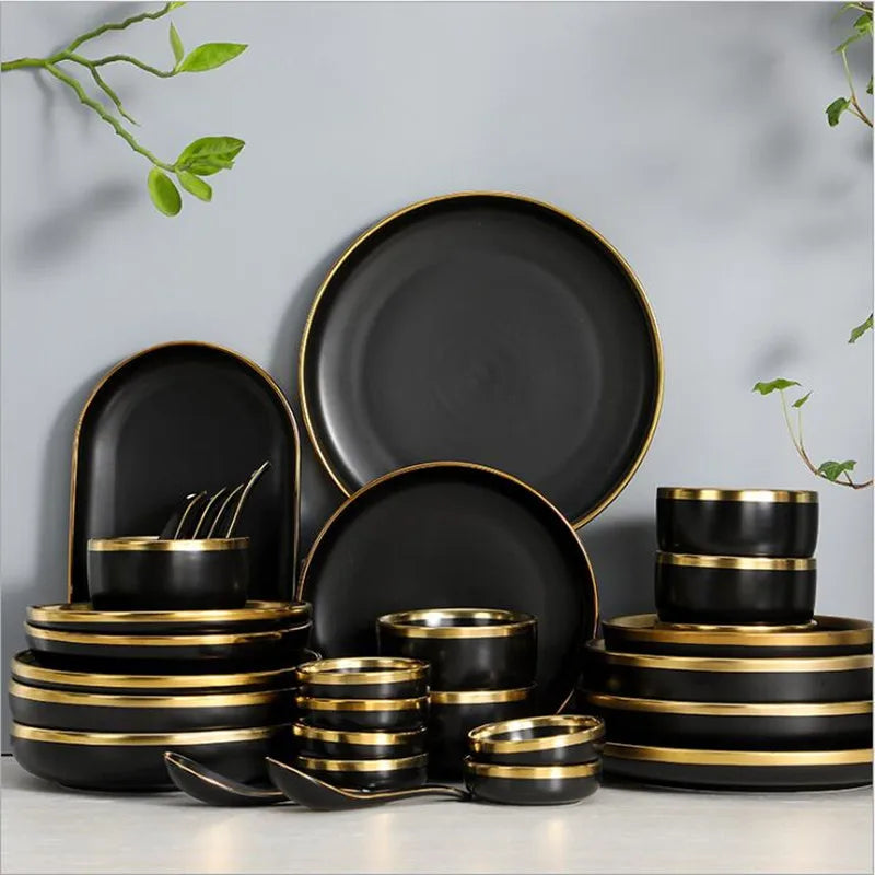Matte gold inlay black porcelain dinner set by MC THE BLACK DIAMOND, featuring elegant kitchen dinnerware with a sophisticated design.