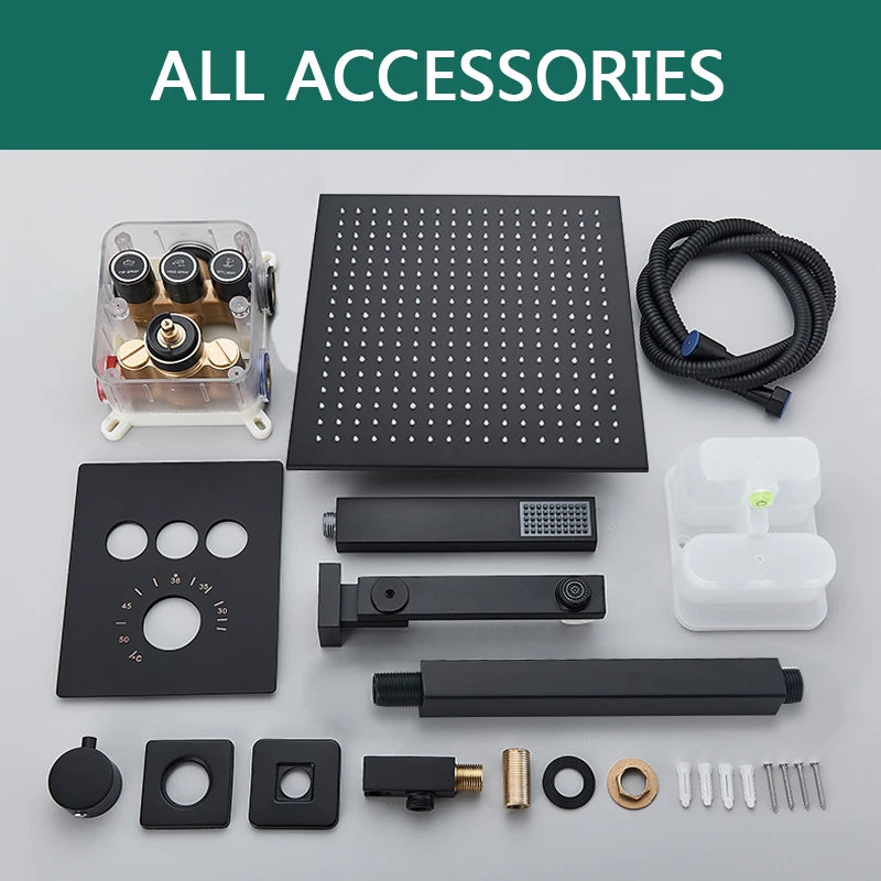 Matte black Rozin thermostatic shower faucet with concealed installation, ceiling rainfall showerhead, and bath mixer tap by 𝕄𝕔 𝕋𝕙𝕖 𝔹𝕝𝕒𝕔𝕜 𝔻