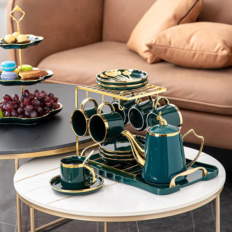 European luxury ceramic coffee cup and saucer set with a matching storage rack, ideal for high-end afternoon tea or kitchen decor.