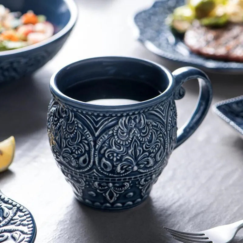 Blue retro relief ceramic tableware dishes set by 𝕄𝕔 𝕋𝕙𝕖 𝔹𝕝𝕒𝕔𝕜 𝔻𝕚𝕒𝕞𝕠�