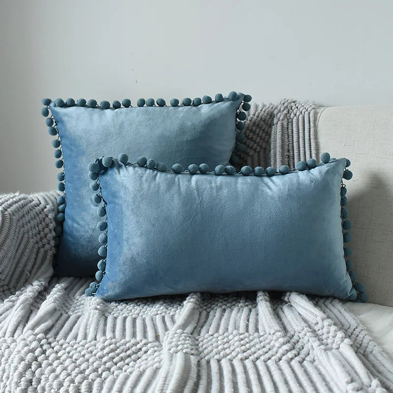 Soft velvet throw pillow cover by MC THE BLACK DIAMOND, large solid cushion case with pom-pom details for sofa decor.