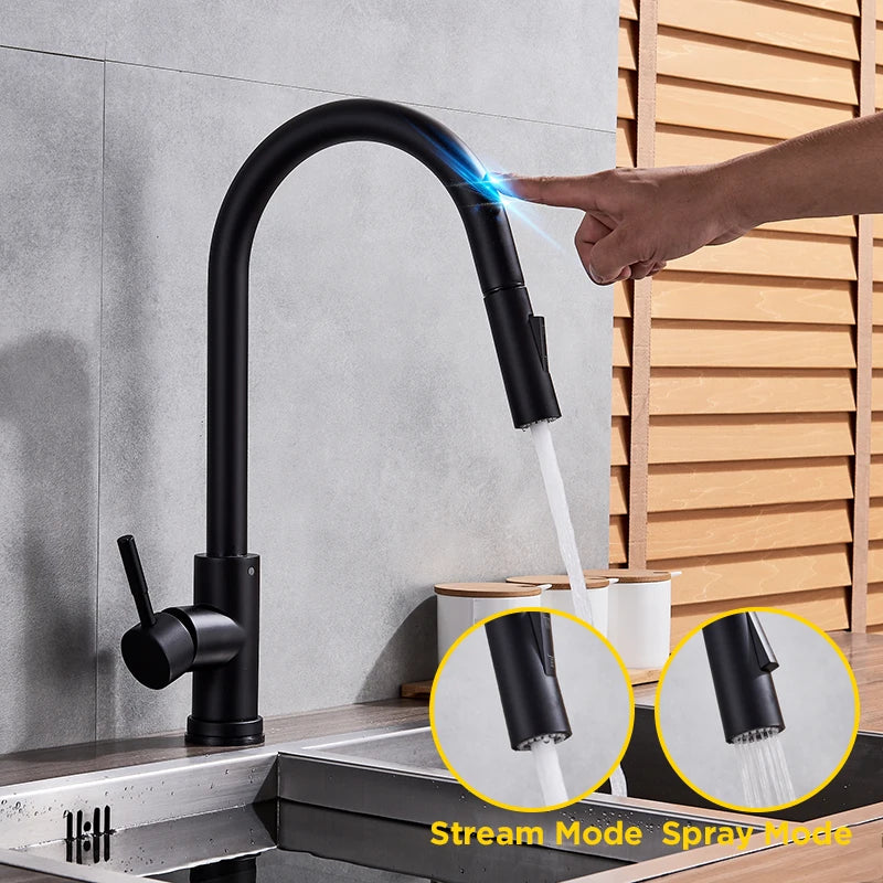 Black kitchen sink faucet with touch-sensitive control and pull-out sensor, designed by MC THE BLACK DIAMOND.