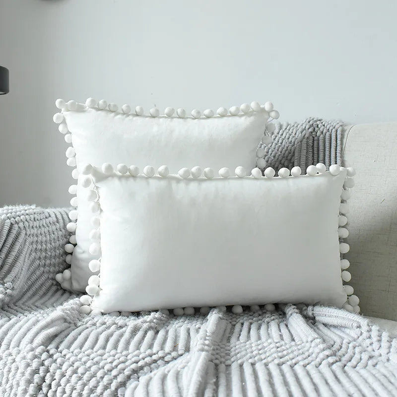 MC THE BLACK DIAMOND velvet throw pillow cover with pom-pom accents, large solid cushion case for cozy sofa decor.