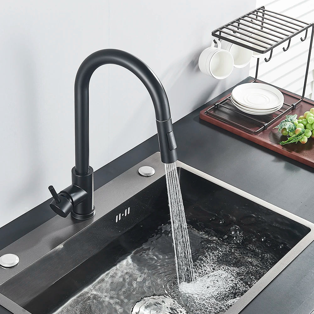 Black MC THE BLACK DIAMOND pull-out sensor kitchen faucet with touch control and mixer for modern kitchen sinks.