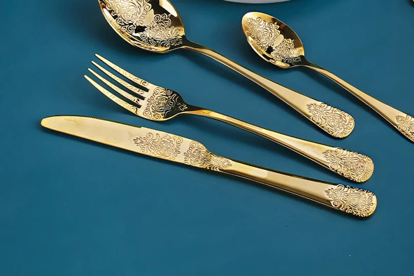 16/24-piece silverware set by MC The Black Diamonds, stainless steel gold cutlery kit with forks, knives, spoons for kitchen use