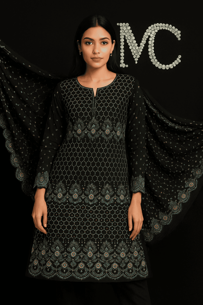 MC THE BLACK DIAMOND chiffon fabric from the Chiffon Luxe Signature Embroidered Collection, 4-meter length, elegant and light.