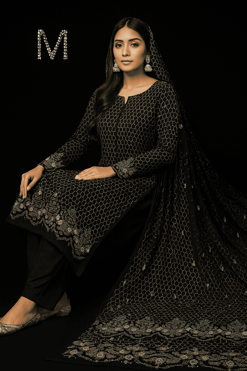 MC THE BLACK DIAMOND chiffon fabric from the Chiffon Luxe Signature Embroidered Collection, 4-meter suit length.