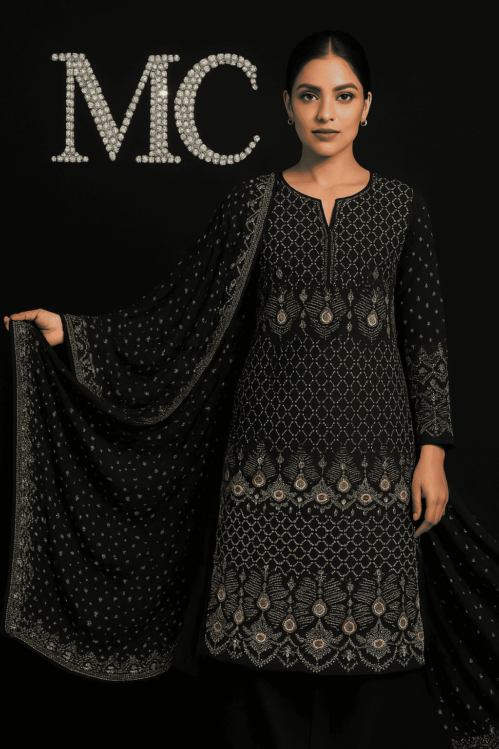 MC The Black Diamond chiffon fabric from the Luxe Signature Embroidered Collection, 4-meter length, showcasing elegant, embroidered chiffon material.