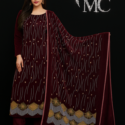 Soft velvet fabric from Mohammad Collection, 4-meter length suitable for suits, shown in a close-up image highlighting its rich texture.