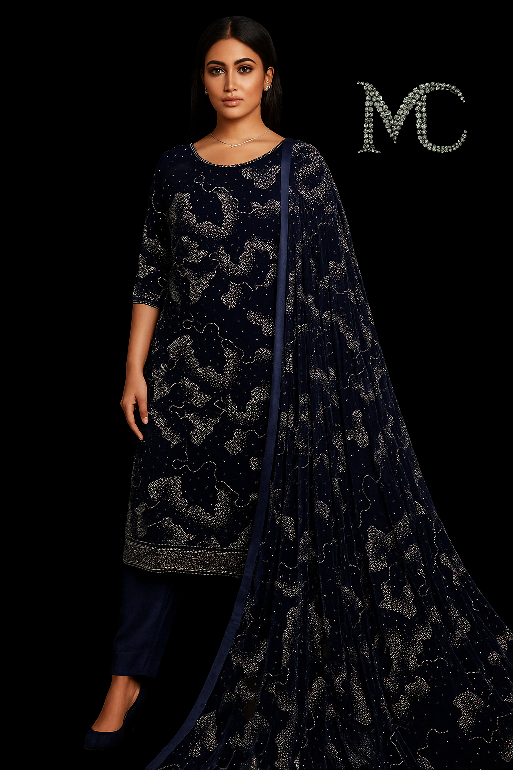 Luxurious dark blue fabric velvet from Mohammad Collection, close-up of soft, plush velvet material with a smooth texture.