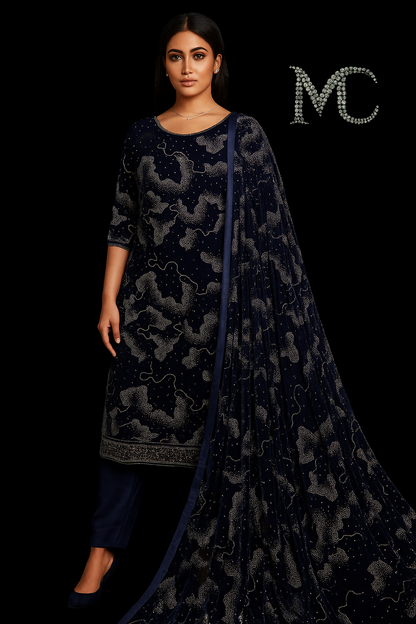 Luxurious dark blue fabric velvet from Mohammad Collection, close-up of soft, plush velvet material with a smooth texture.