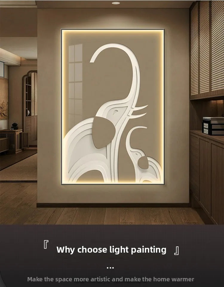 Abstract black elephant wall art print by MC THE BLACK DIAMOND, modern LED illuminated mural for living room decor.