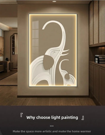 Abstract black elephant wall art print by MC THE BLACK DIAMOND, modern LED illuminated mural for living room decor.