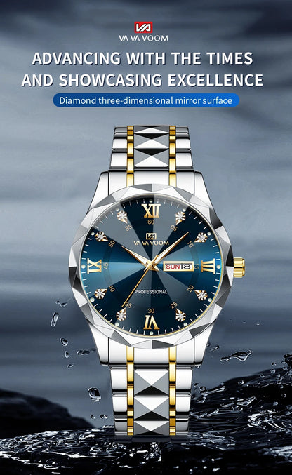 Men Watch Water Diamond Luxury Night Glow Double Calendar Quartz Movement 41mm Blue Gold Stainless Steel Fashion Business Watch - https://mohammadcollection.com