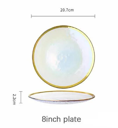 Rainbow glass dinner plate with gilt rim, clear salad dish, and serving tray from 𝕄𝕔 𝕋𝕙𝕖 𝔹𝕝𝕒𝕔𝕜 𝔻𝕚𝕒�