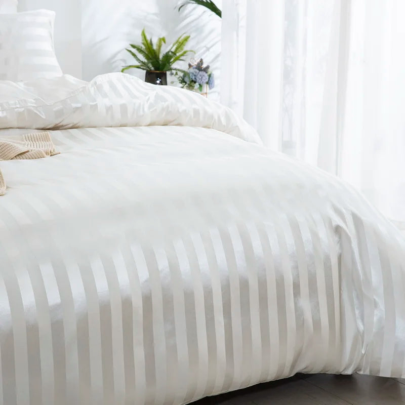Luxury satin striped duvet cover set in ivory white with silky feel, available in full, queen, king, double, and single sizes.