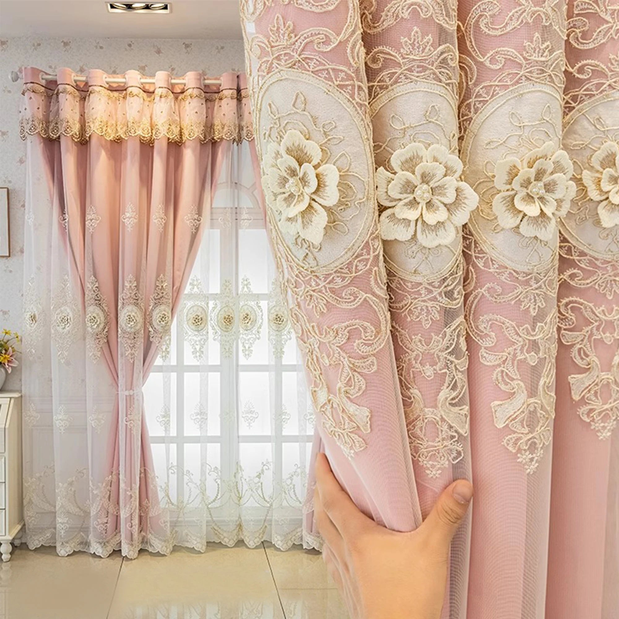Pink Chenille European Thickened Curtains High-end Embroidered Relief Three-dimensional Blackout Curtains Finished Products - https://mohammadcollection.com