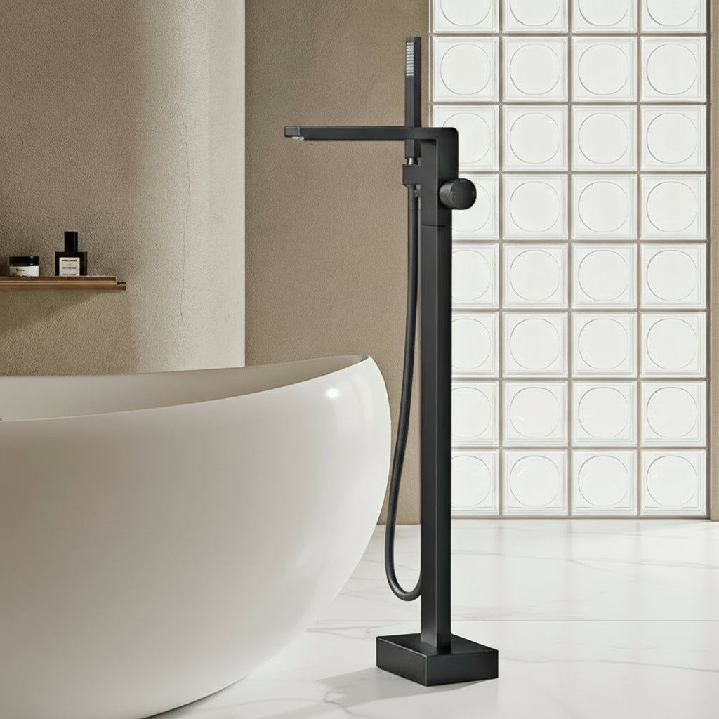 Luxury black brass floor-standing bathroom faucet with single handle, embedded design for hot and cold water, suitable for bathtubs.