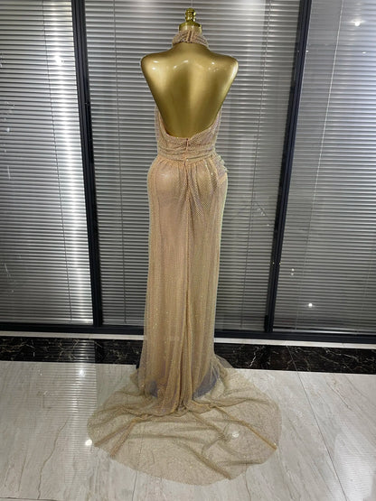MC THE BLACK DIAMOND golden halter off-shoulder gown with shining diamond mesh, elegant evening dress for women.