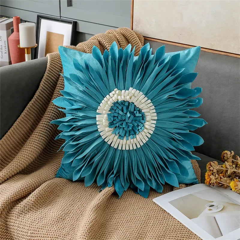 Modern pink and white velvet throw pillow with 3D chrysanthemum stitching, 45x45cm, blue cushion case for home decor by MC THE BLACK DIAMOND.
