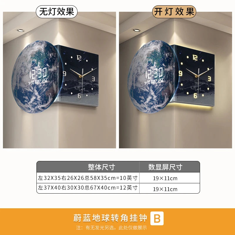 Earth Double Sided Corner Clock LED Wall Clock Modern Design Living Room Decoration Advanced Sense Wall Watch Home Wall Decor - 𝕄𝕮 𝕋𝕙𝕖 𝔹𝕝𝕒𝕔𝕜 𝔻𝕚𝕒𝕞𝕠𝕟𝕕