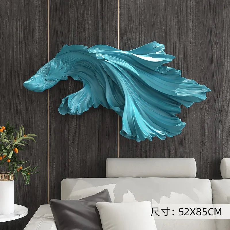 Nordic Home Fighting Fish sculpture by MC The Black Diamond, 85cm modern wall art with intricate 3D design for living room decor.