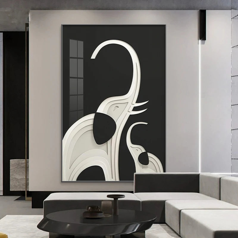 Abstract black elephant poster print with LED light accents, modern wall decor for living room by MC THE BLACK DIAMOND