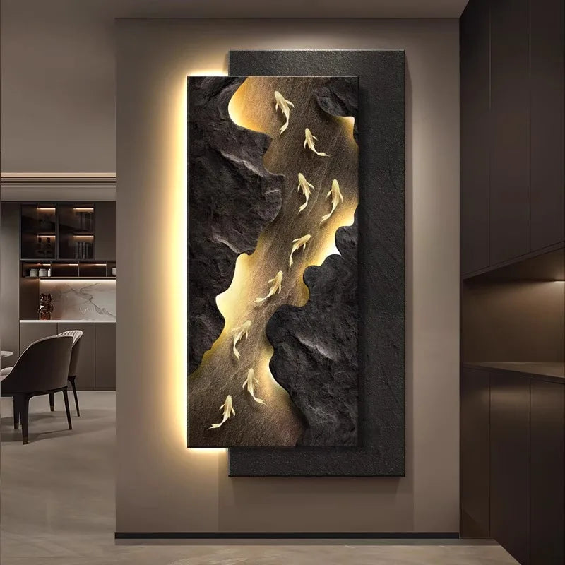 MC THE BLACK DIAMOND LED wall light fixture featuring a koi fish hanging design with remote control for corridor entrance decoration.