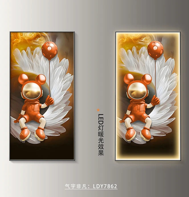 Modern art astronaut wall decor with LED lamp, cartoon design, luminous painting suitable for living room or corridor.