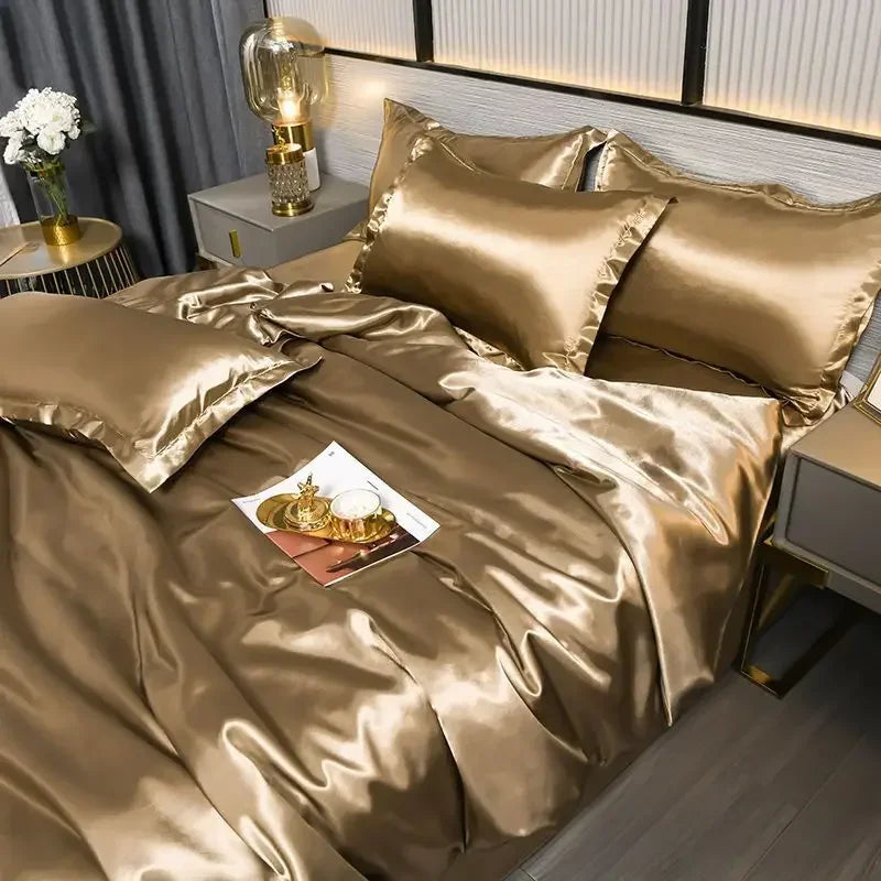 Luxury Nordic satin silk bedding set by MC THE BLACK DIAMOND, includes duvet cover, bed sheet, and pillowcases in solid design.