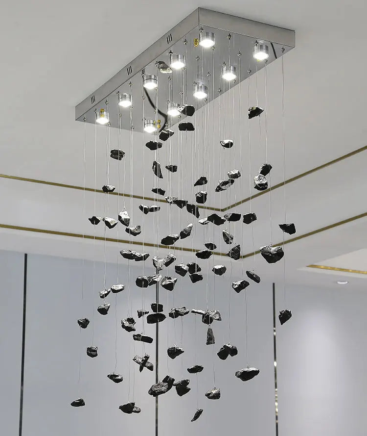 Black Art Luxury Stone Crystal Chandelier For Staircase Hallway Lobby Modern Cristal LED Hanging Lamp Home Indoor Light Fixtures