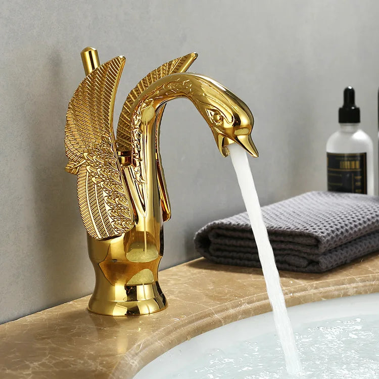 Golden Basin Faucet Deck Mount Sink Short Faucets Swan Shape Single Handle Sink Hot Cold Water Mixer Tap - https://mohammadcollection.com