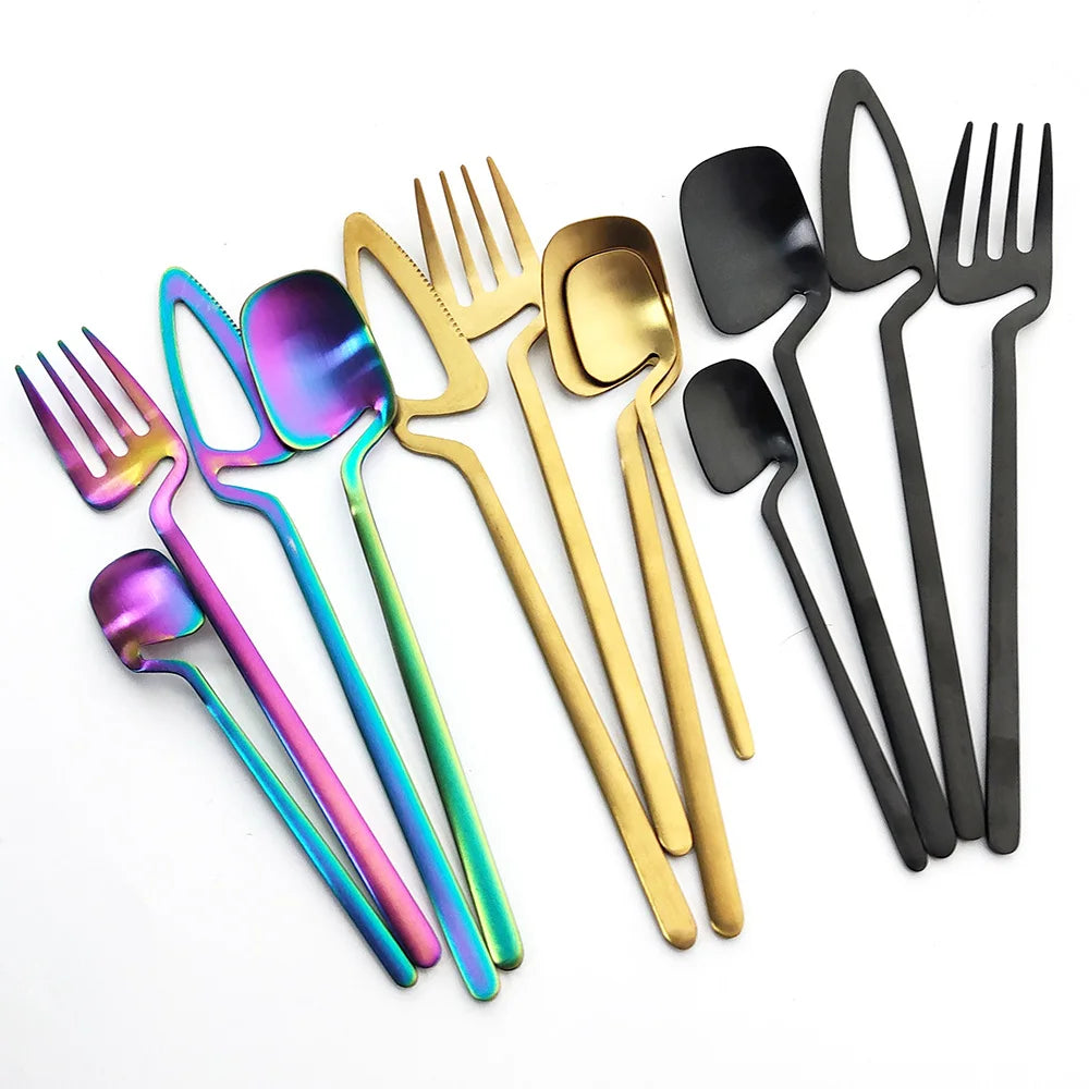 Black matte stainless steel cutlery set with fork, knife, and spoon from 𝕄𝕔 𝕋𝕙𝕖 𝔹𝕝𝕒𝕔𝕜 𝔻𝕚𝕒�
