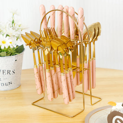 Stainless steel 24-piece cutlery set with holder, including forks, knives, and spoons for six people, mirror polished kitchen utensils.