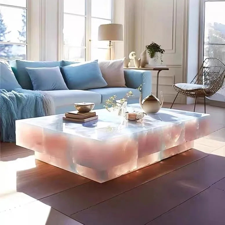 Square Ice Crack Onyx Luminous Coffee Table Tea Table for Bar Pub Restaurant 48&