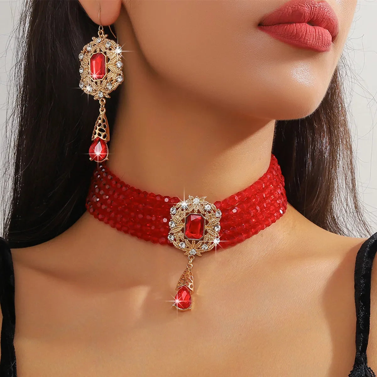 Vintage MC THE BLACK DIAMOND multicolor crystal necklace and geometric hollow alloy earrings set for women, perfect for weddings and banquets.