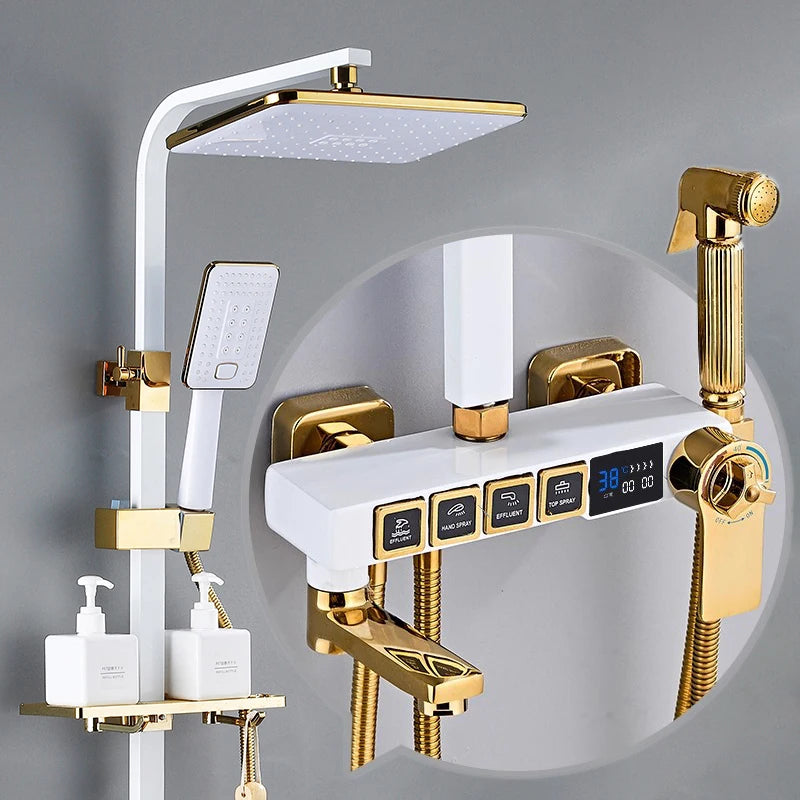 Luxury MC THE BLACK DIAMOND hot and cold digital rainfall shower head set with shower caddies, showcasing modern bathroom accessories.